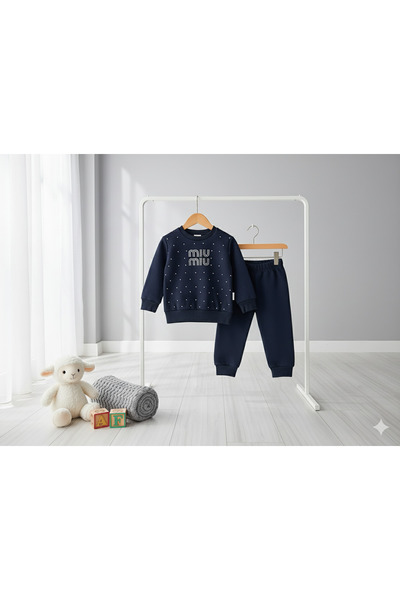 Selvira Stone Detailed Girls' Tracksuit Set | Fleece-Lined Printed Winter 2-P...