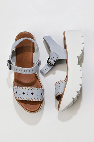 Bueno Shoes Γυναικεία πέδιλα με σφήνα τακούνι μπλε δερμάτινα - 01ws7700