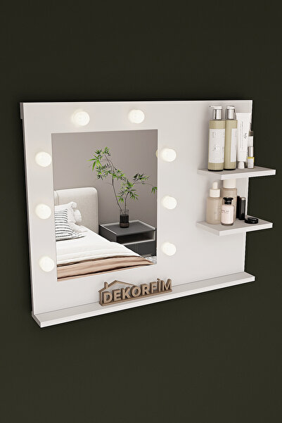 dekor fim DF06103 Raflı Dekoratif Kulis Işıklı Duvar Aynası Makyaj Masası Aynası