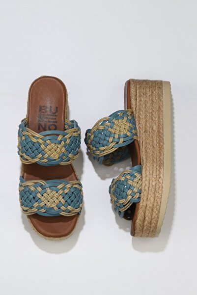 Bueno Shoes Μπλε δερμάτινες γυναικείες παντόφλες με τακούνι 01wu6110