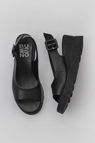 Bueno Shoes Siyah Deri Kadın Dolgu Topuklu Sandalet 01wy8600