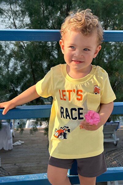 Breeze Erkek Çocuk Tişört Yarış Temalı Yazı Baskılı Cepli 2-6 Yaş, Sarı