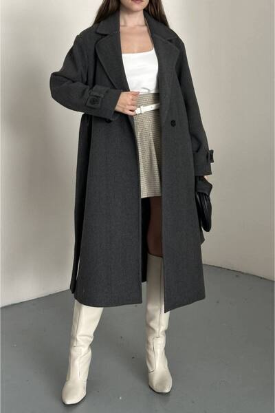 VESS MODA Palton lung pentru femei, cu curea și nasturi, antracit