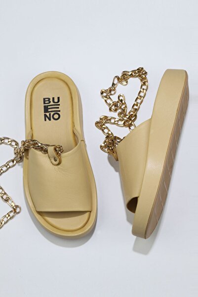 Bueno Shoes Κίτρινες δερμάτινες γυναικείες φλατ παντόφλες 01wu4637