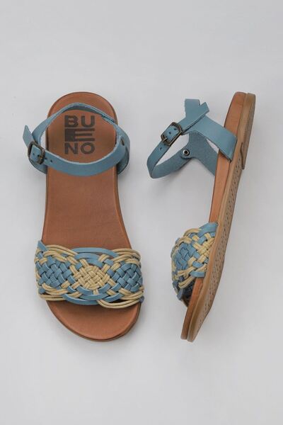 Bueno Shoes Μπλε δερμάτινα γυναικεία φλατ σανδάλια 01wu4250