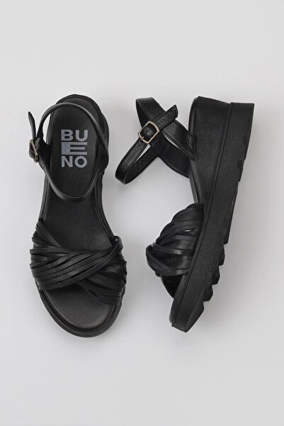 Bueno Shoes Siyah Deri Kadın Dolgu Topuklu Sandalet 01wy8609