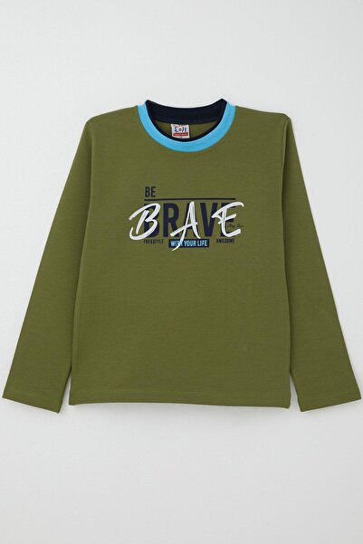 Breeze 5-9 Years Boy Khaki Green Long Sleeve T-Shirt - Text Printed
