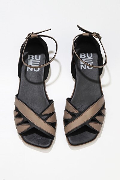 Bueno Shoes Γκρι δερμάτινα γυναικεία φλατ σανδάλια 01wu1809