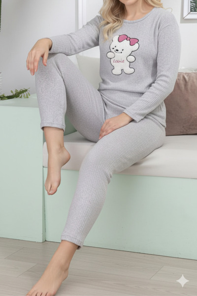 ELİTOL Lovie Bear Gray Soft Women's Pajama Set