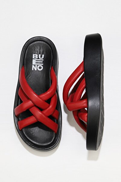 Bueno Shoes Red Black Leather Women's Flat Slippers 01Wu4606