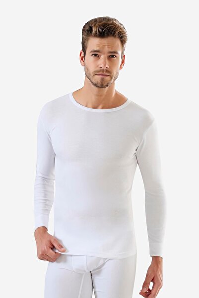 Arma Yıldız Men's Crew Neck White T-shirt - Long Sleeve, 100% Cotton, Rib Basic Model