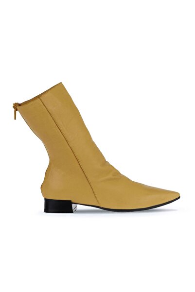 Bueno Shoes Κίτρινες δερμάτινες γυναικείες μπότες με τακούνι 01wr3011