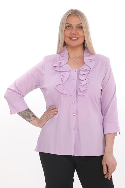 KİFAYET 16510 Yakası Fırfırlı 3/4 Kol Poplin Gömlek (B105)