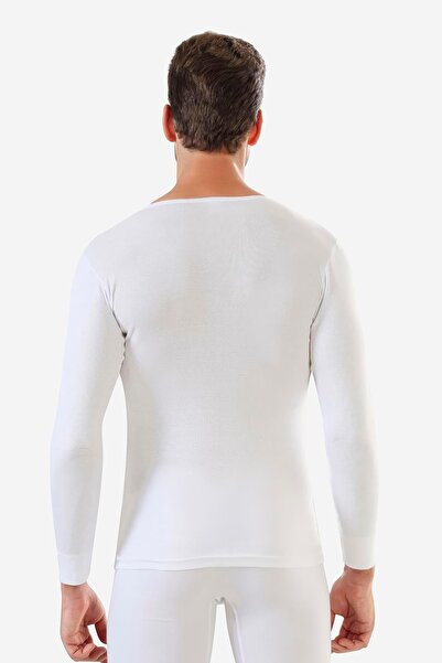 Arma Yıldız Men's Crew Neck White T-shirt - Long Sleeve, 100% Cotton, Rib Basic Model