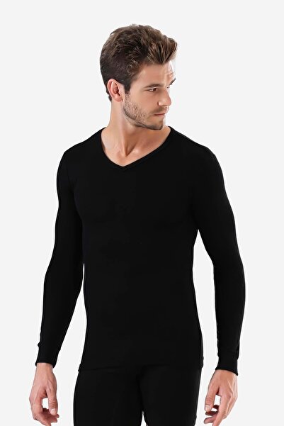 Arma Yıldız Ανδρικό μαύρο μακρυμάνικο εσώρουχο με λαιμόκοψη σε σχήμα V Badi 100% βαμβακερό ριμπ 2-συσκευασία