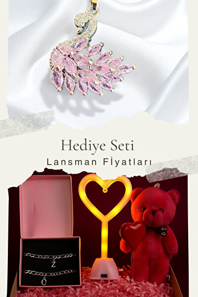 TWOGAN Hediye Seti, Çelik Kolye, Harf Bileklik, Işıklı Kalp, Peluş Ayıcık, Se...