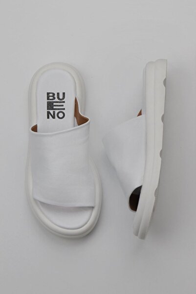 Bueno Shoes Γυναικείες λευκές δερμάτινες φλατ παντόφλες - 01wy9400