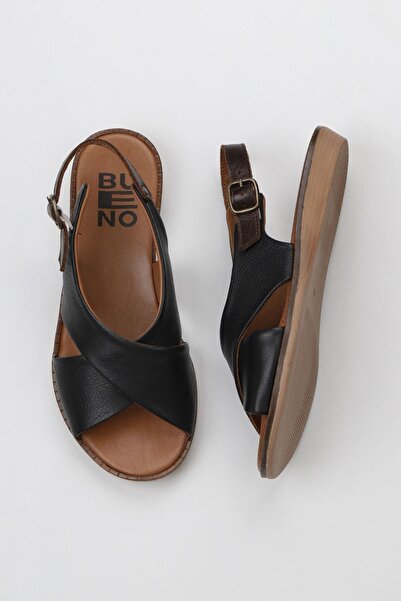 Bueno Shoes Δερμάτινα Γυναικεία Σανδάλια Μαύρα Flat 01wu8213