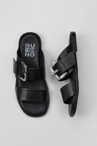 Bueno Shoes Γυναικείες μαύρες δερμάτινες φλατ παντόφλες - 01wy2001