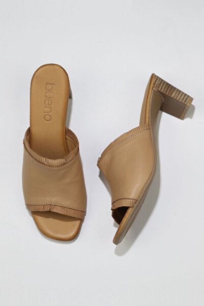 BUENO Shoes Beige Leather Women's Heeled Slippers 01Wn4002