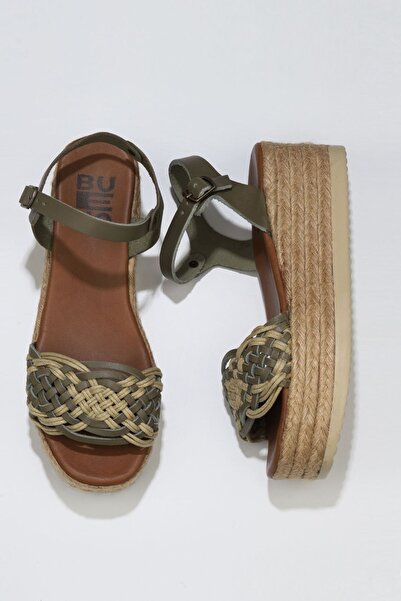 Bueno Shoes Χακί Δερμάτινα Γυναικεία Σφηνοτάκουνα Σανδάλια 01wu6109
