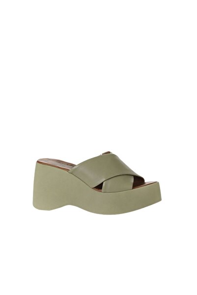 Bueno Shoes Khaki Leather Women's Wedge Heeled Slippers 01Wy9005