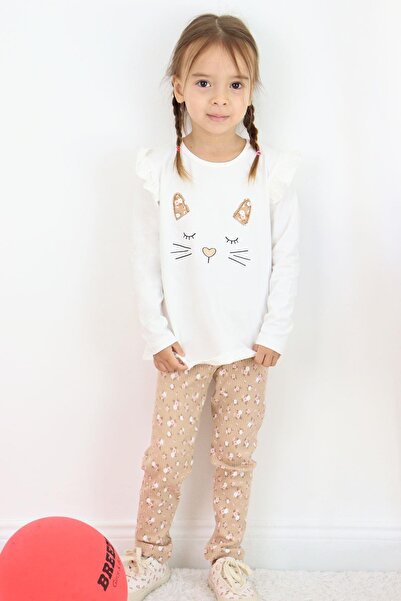 Breeze Kız Çocuk Taytlı Takım Sevimli Hayvancık Baskılı Çiçekli 1.5-5 Yaş, Ekru