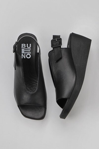 Bueno Shoes Γυναικεία πέδιλα μαύρα δερμάτινα με σφήνα τακούνια - 01wy2405