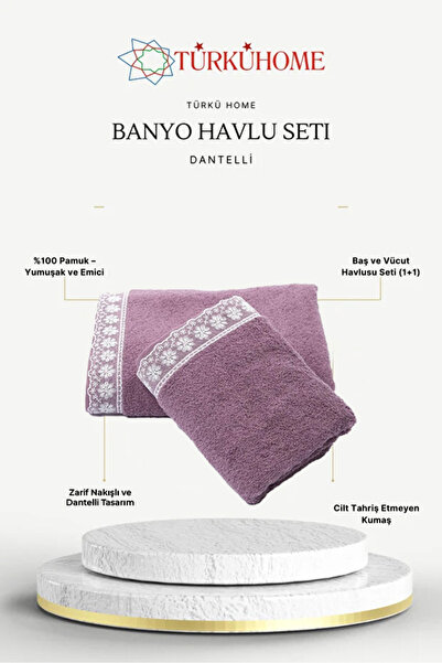 Türkühome Cotton Embroidered Lace 2-Piece Head and Body Towel Set (1 Head Tow...