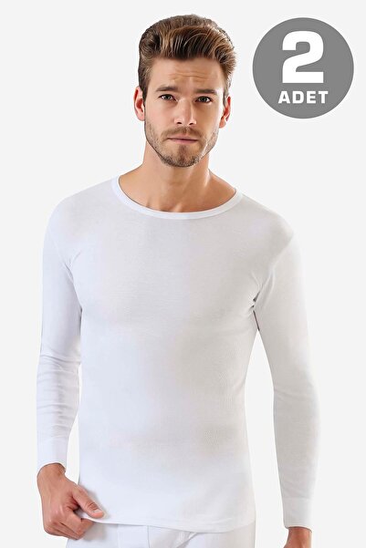Arma Yıldız Men's White Crew Neck Long Sleeve T-shirt - Pack of 2, 100% Cotton, Undershirt Rib