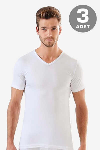 Arma Yıldız White V-neck Short Sleeve Men's T-shirt 3 Pieces 100% Cotton Combed Cotton