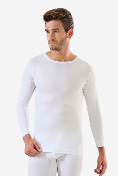 Arma Yıldız Men's White Crew Neck Long Sleeve T-shirt - Pack of 2, 100% Cotton, Undershirt Rib