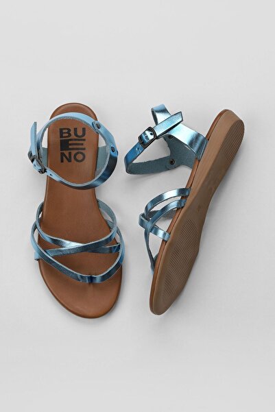 Bueno Shoes Μπλε γυαλιστερό δερμάτινο γυναικείο σανδάλι σαγιονάρες 01wu7427