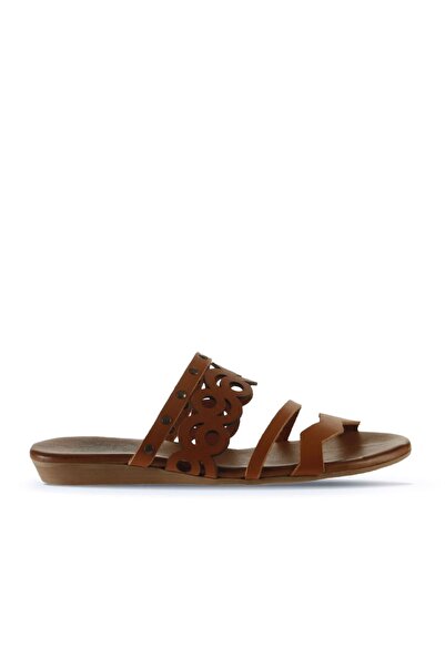 Bueno Shoes Γυναικείες δερμάτινες παντόφλες Flat Tan - 01wu7445