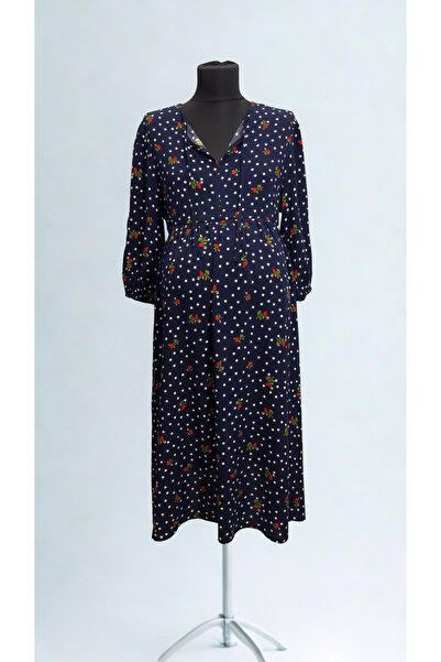 Mamara Hamile ve Emzirme Özellikli Midi Elbise – 3/4 Kollu, Viskon Pamuk Kuma...