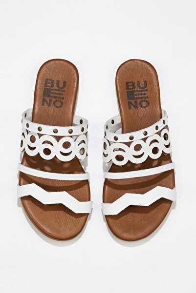 Bueno Shoes Γυναικείες λευκές δερμάτινες φλατ παντόφλες - 01wu7445