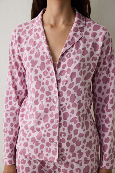Penti Rosa Pyjama-Set aus Baumwolle mit Leopardenmuster, langen Ärmeln und geknöpftem Hemdkragen