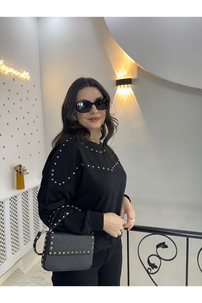 butikDH Siyah Kadın zımbalı oversize geniş kesim pamuklu basic bisiklet yaka ...