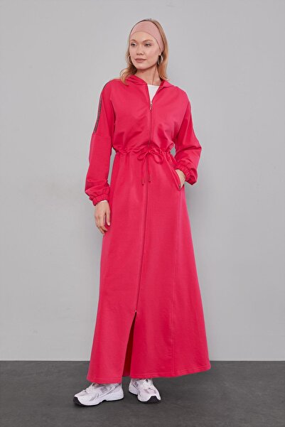 Levidor Fuchsia Hooded Glitter Stripe Waist Drawstring Ferace