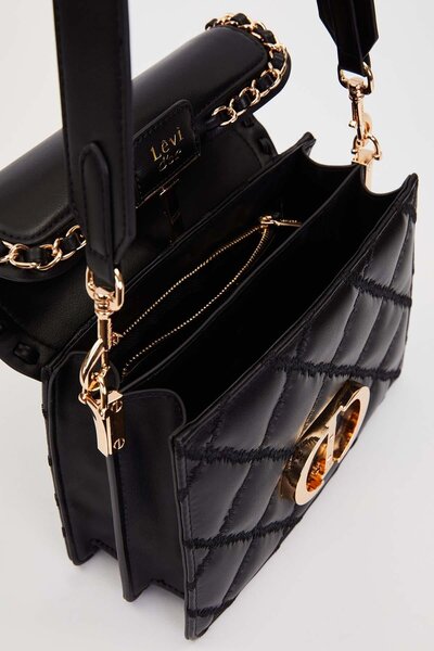 Levidor Two-Compartment Quilted and Chain Detailed Flap Long Strap Medium Size Women's Shoulder Bag Lv930579 Black