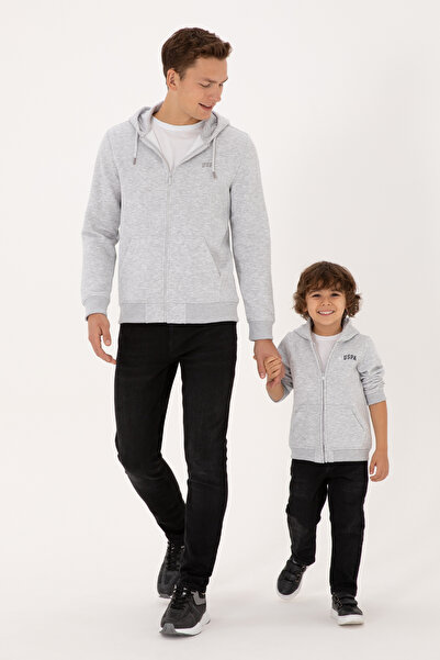 U.S. Polo Assn. Boy's Light Gray Knitted Zippered Hooded Cardigan 50313852-Vr001