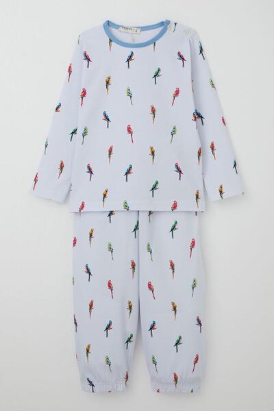 Breeze Erkek Çocuk Pijama Takımı Renkli Papağan Desenli 1-3 Yaş, Buz Mavisi