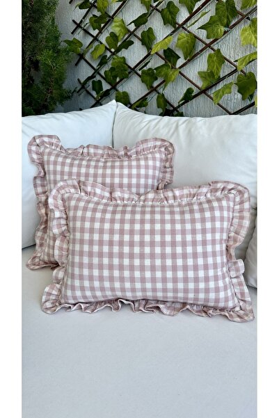 Decamor home Vintage Ruffled Gingham Linen Pink Throw Pillow Cover Bohemian Throw Pillow Case 1Pc