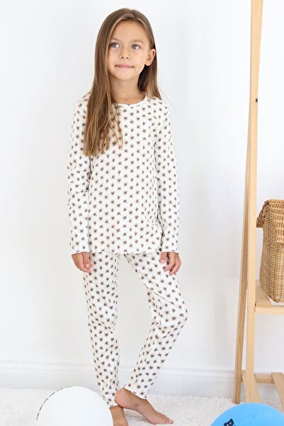 Breeze 4-8 Years Old Girl's Patterned Pajama Set - Ecru