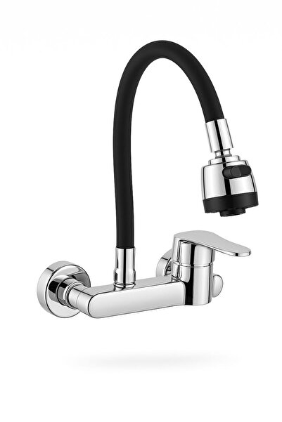 Viosa VİOSA Siyah Duvardan 2 Fonksiyonlu Oynar Borulu Mutfak Bataryası Çeşmesi Musluğu