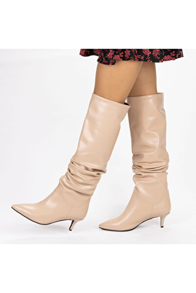 MixBrand حذاء نسائي طويل بكعب مريح قصير 6.5 سم، بمقدمة مدببة وتصميم منتفخ، من...