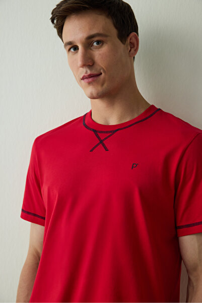 Penti Flame Red Red Star Men's Crew Neck Shorts Pajama Set