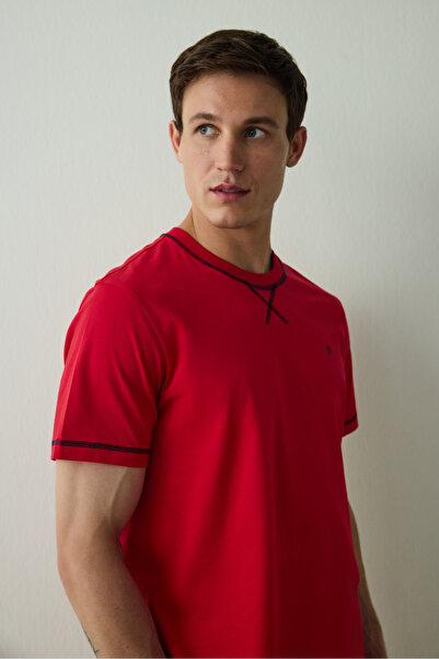 Penti Flame Red Red Star Men's Crew Neck Shorts Pajama Set