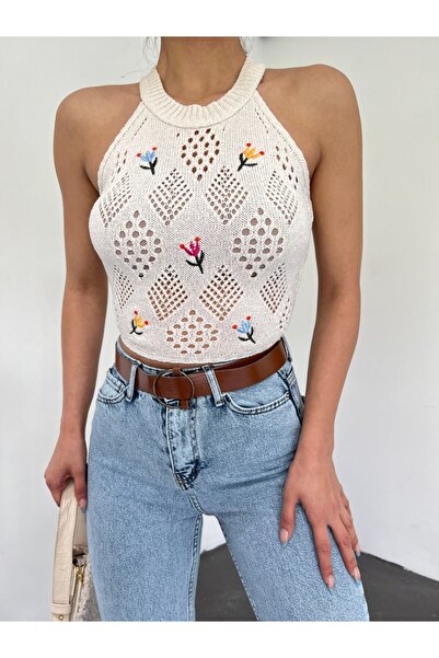 Modamorfo δαντελωτή πλέξη Κεντημένο πλεκτό μπλουζάκι με κοντό μανίκι - Κρεμ