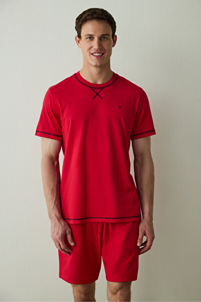 Penti Flame Red Red Star Men's Crew Neck Shorts Pajama Set